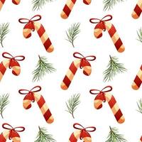 Christmas pattern with caramel cane and fir branches in cartoon style on white background vector