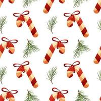 Christmas pattern with caramel cane and fir branches in cartoon style on white background vector