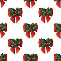 Cartoon-style Christmas pattern with holly and red bow on white background vector