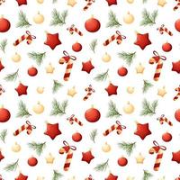 Christmas pattern with lollipops, white and red Christmas tree toys on white background vector