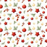 patrón de navidad con piruletas, juguetes de árbol de navidad blanco y rojo sobre fondo blanco vector