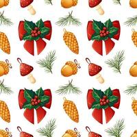 Christmas pattern with holly, golden acorn, pine cone, fly agaric in cartoon style on white background vector