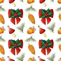 Christmas pattern with holly, golden acorn, pine cone, fly agaric in cartoon style on white background vector