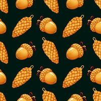 Christmas pattern with golden pinecone and acorn in cartoon style on dark green background vector