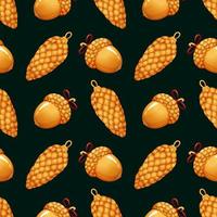 Christmas pattern with golden pinecone and acorn in cartoon style on dark green background vector