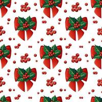 Cartoon-style Christmas pattern with holly, berries and a red bow on a white background vector