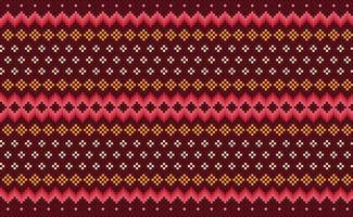 Pixel ethnic pattern, Vector embroidery ikat background, Geometric folk Boho style, Red and orange pattern Nordic repetitive, Design for textile, fabric, curtain, kaftan, tapestries
