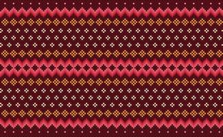 patrón étnico de píxeles, fondo de ikat de bordado vectorial, estilo boho popular geométrico, patrón rojo y naranja repetitivo nórdico, diseño para textiles, tela, cortina, kaftan, tapices vector