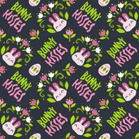 Bright colorful seamless pattern with cute rabbit, spring flowers, Easter eggs and hand drawn lettering phrase Bunny kisses. vector