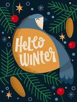 Trendy bright creative hand drawn lettering with titmouse bird on a pine branch, with snowflakes, berries, pine cones, Hello Winter. Festive vector typography design