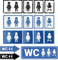 aseo wc masculino femenino habitacion bebe. iconos de baños públicos con colores azul, negro y blanco. vector