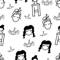Black doodle girly seamless pattern with girls and crown. Hand drawn background with sleepy girls characters. vector