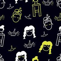 Girly background with girls and crowns. Princess seamless pattern in yellow and white colors on a black background. Trendy background in doodle style with girls heads. vector