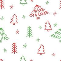 patrón sin costuras de navidad con árbol de navidad y estrellas. doodle fondo de navidad en colores verde y rojo. patrón de bosque hygge de año nuevo dibujado a mano para envolver papel, decoración, textil, envolver. vector