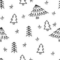 Black doodle Christmas tree pattern. Hand drawn Christmas seamless pattern for wrapping paper, design, decoration vector