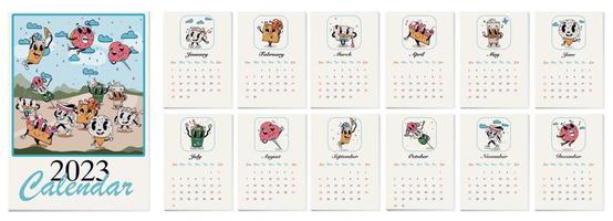 Wall monthly retro cartoon calendar for 2023. 12 months templates. Week starts from Sunday. 2023 Calendar illustrated with retro cartoon characters. Simple monthly vertical calendar vector