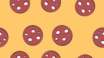 sausage on an orange background, vector illustration. round piece of salami with lard. appetizing high-calorie sausage. seamless pattern, background, endless pattern