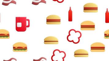 Endless white seamless pattern from a set of icons of delicious food and snacks items for a restaurant bar cafe tea, burger, ketchup, bacon, jalapeno peppers. The background vector