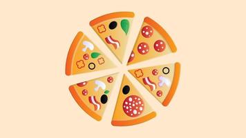 pizza with toppings on a pink background, vector illustration. a lot of pizza slice with different toppings of salami with lard, olives, bacon and herbs. fragrant hearty pizza