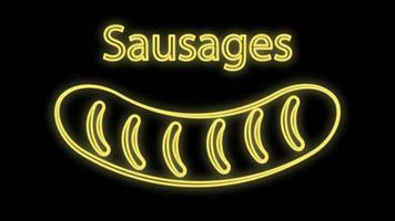 sausage on white background, vector illustration. appetizing grilled sausage. neon yellow sausage. bright neon sign, illumination for cafes and restaurants