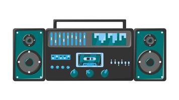 Old retro green vintage music cassette tape recorder with magnetic tape on reels and speakers from the 70s, 80s, 90s. Beautiful icon. Vector illustration