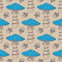 Amanita hand drawn black seamless vector pattern. Fly agaric hand drawn line art seamless vector pattern. Amanita muscaria seamless background for printing, fabric, textile