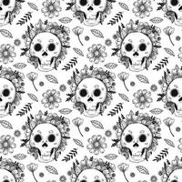 Skulls and plants with flowers vector seamless pattern