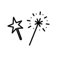 Christmas sparkler and star doodle. Elements of new year and xmas. Christmas attributes line art. Hand drawn outline vector illustration.