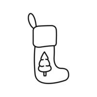 Christmas boot for gifts doodle. Boot for gifts on the fireplace with a painted christmas tree. Element of new year and xmas. Hand drawn outline vector illustration.