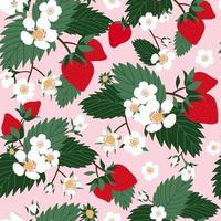 Strawberry flowers field seamless pattern in pink background vector