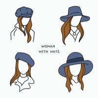Set of illustration woman wearing hat with different style. Vector Illustration.