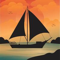 Sailing boat illustration. sunset or sunrise on the sea. boat at the ocean. vector illustration