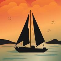 Sailing boat illustration. sunset or sunrise on the sea. boat at the ocean. vector illustration