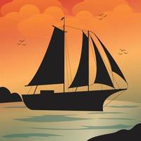 Sailing boat illustration. sunset or sunrise on the sea. boat at the ocean. vector illustration