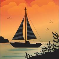 Sailing boat illustration. sunset or sunrise on the sea. boat at the ocean. vector illustration