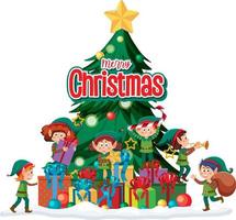 Merry Christmas text with elves and Christmas tree vector