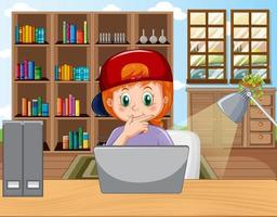 una niña estudiando en línea en casa vector
