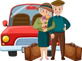 Elderly couple standing beside car vector