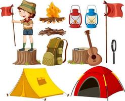 conjunto de diferentes niños exploradores y elementos de campamento vector