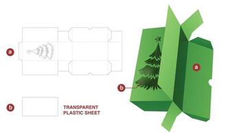 2 flips box with stenciled Christmas tree and plastic sheet die cut template and 3D mockup vector