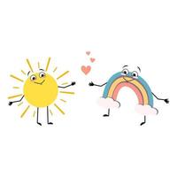 Cute sun and rainbow character with love emotions, happy face, smile, arms and legs. Person with happy expression and pose. Vector flat illustration