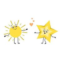 Cute sun and star character with love emotions, happy face, smile, arms and legs. Person with happy expression and pose. Vector flat illustration