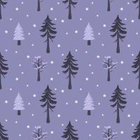 Seamless Christmas pattern with fir and tree in snow on violet background. Happy New Year print with snowflakes for holiday decorations, wrapping paper, textiles and design. Vector flat illustration