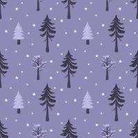 Seamless Christmas pattern with fir and tree in snow on violet background. Happy New Year print with snowflakes for holiday decorations, wrapping paper, textiles and design. Vector flat illustration