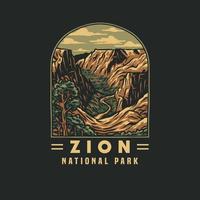 Emblem sticker patch logo illustration of Zion National Park, hand drawn line style with digital color, vector illustration