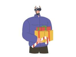 Happy man carrying with Christmas gift boxes on winter holidays vector