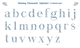 leuchtendes diamanten-alphabet oder schriftsatz, enthält buchstaben in groß- und kleinbuchstaben, zahlen, satzzeichen und symbole. png