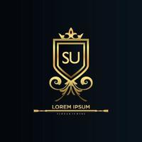 SU Letter Initial with Royal Template.elegant with crown logo vector, Creative Lettering Logo Vector Illustration.