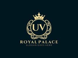 Letter UV Antique royal luxury victorian logo with ornamental frame. vector