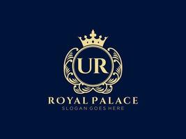 Letter UR Antique royal luxury victorian logo with ornamental frame. vector